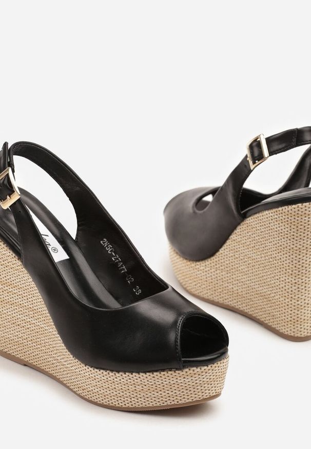 Renee - Czarne Sandały na Platformie i Koturnie z Plecionką Eviliora. Okazja: na co dzień. Zapięcie: sprzączka. Kolor: czarny. Materiał: jeans. Sezon: lato. Obcas: na koturnie. Styl: elegancki, casual