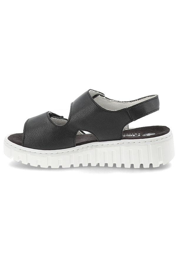 Sandały damskie Rieker, cholewka ze skóry naturalnej regulowane paski na rzepy odkryty fason, czarne, V1382-00. Okazja: na co dzień. Zapięcie: rzepy. Kolor: czarny. Materiał: skóra. Wzór: paski. Sezon: lato. Styl: casual, klasyczny, elegancki