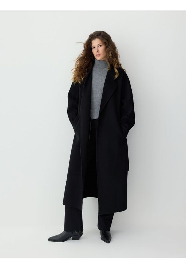 Reserved - Płaszcz handmade z wełną - czarny. Kolor: czarny. Materiał: wełna