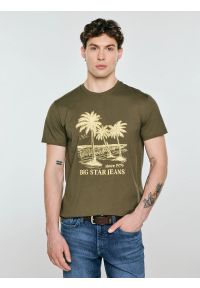 Big-Star - Koszulka męska z kontrastowym nadrukiem khaki Omer 303. Kolor: zielony. Materiał: materiał, bawełna, skóra, dzianina. Wzór: nadruk. Styl: militarny, elegancki, klasyczny, vintage #1