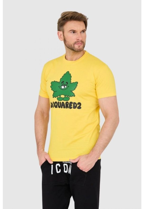 DSQUARED2 Żółty męski t-shirt z logo i zielonym liściem, Rozmiar S. Kolor: żółty