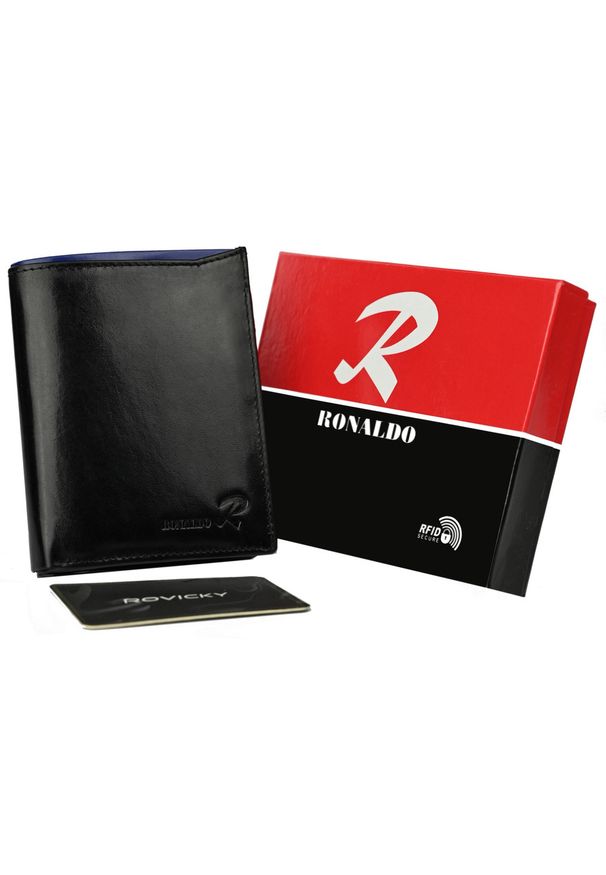 Portfel męski czarny z niebieską wstawką Ronaldo D1072-VT BLACK-BLUE. Kolor: czarny, niebieski, wielokolorowy. Materiał: skóra