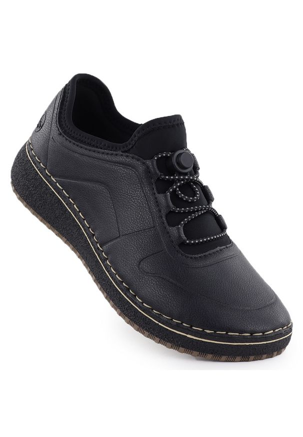 Skórzane półbuty damskie na podwyższeniu czarne Rieker 50960-00. Kolor: czarny. Materiał: skóra