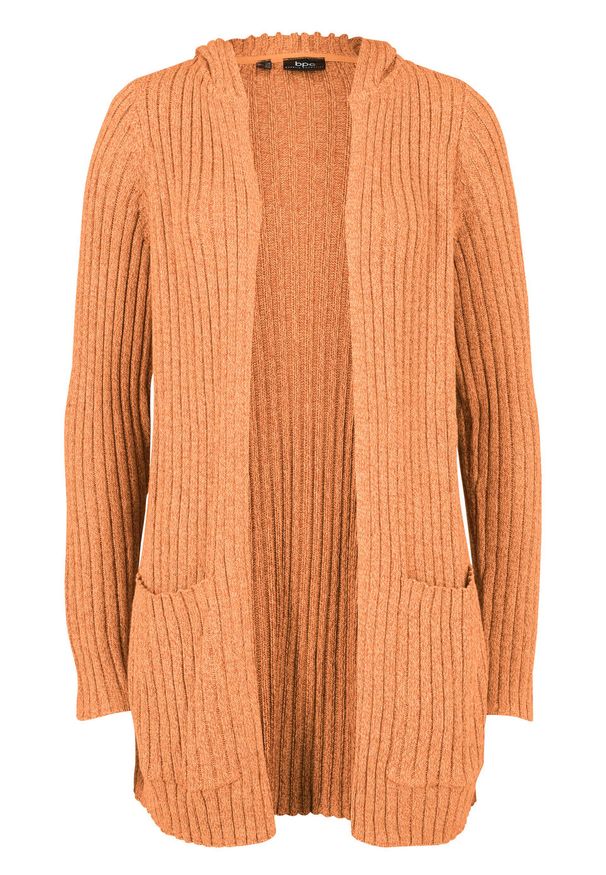 Sweter bez zapięcia z kapturem bonprix miodowy melanż. Typ kołnierza: kaptur. Kolor: pomarańczowy. Długość: długie. Wzór: melanż