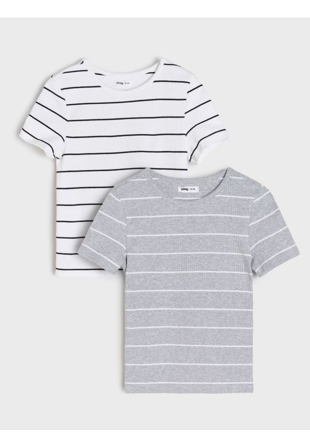 Sinsay - Prążkowana koszulka w paski 2 pack - wielobarwny. Materiał: prążkowany. Wzór: paski