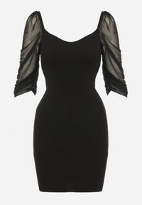 Born2be - Czarna Bawełniana Dopasowana Sukienka Mini z Przeźroczystymi Rękawami 3/4 Ferdiana. Okazja: na imprezę. Kolor: czarny. Materiał: bawełna. Typ sukienki: dopasowane. Styl: elegancki. Długość: mini #2