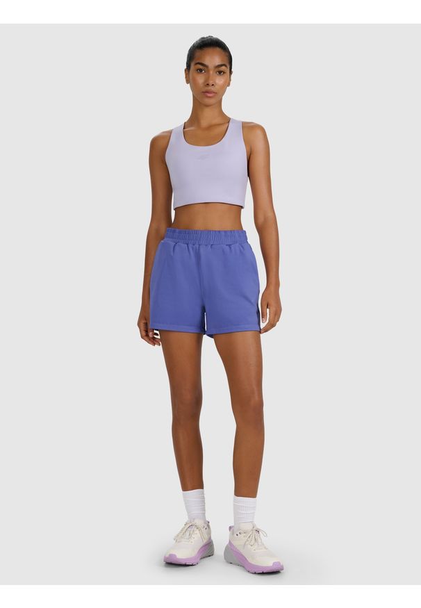 4f - 4F Biustonosz treningowy z niskim wsparciem - niebieski M. Kolor: niebieski. Materiał: syntetyk, włókno, materiał, elastan, guma. Rodzaj stanika: wyciągane miseczki. Wzór: gładki, ze splotem. Sport: joga i pilates, fitness