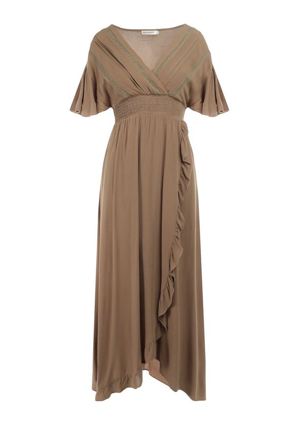 Born2be - Ciemnozielona Sukienka z Wiskozy Aeraste. Kolor: zielony. Materiał: wiskoza. Wzór: aplikacja. Typ sukienki: asymetryczne, kopertowe. Długość: maxi