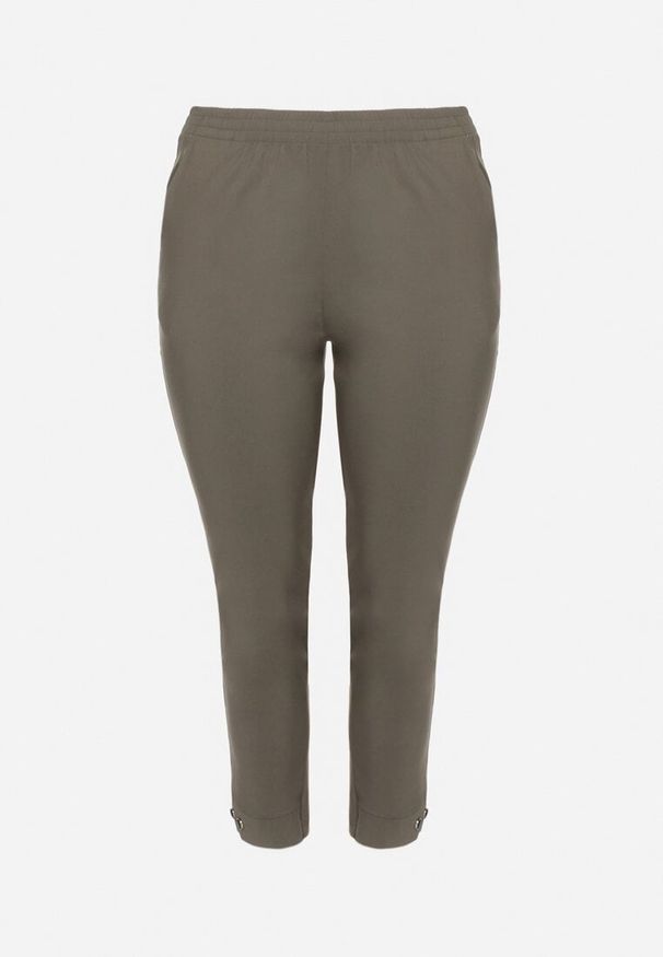 Born2be - Ciemnozielone Spodnie z Wiskozą z Gumką w Talii i Aplikacjami przy Nogawkach Stellorie. Okazja: na co dzień. Kolekcja: plus size. Kolor: zielony. Materiał: wiskoza. Wzór: aplikacja. Styl: elegancki, casual