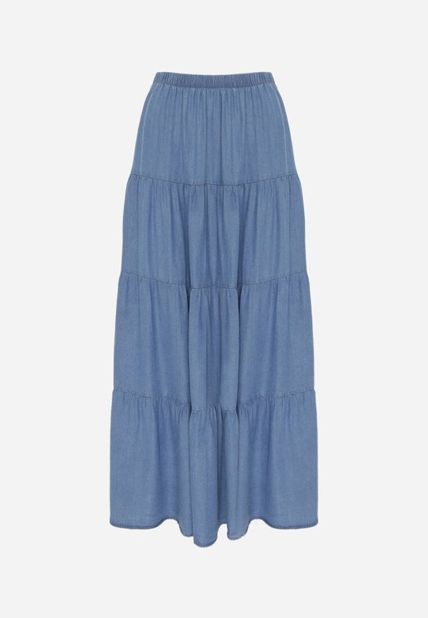 Renee - Niebieska Spódnica Rozkloszowana z Lyocellu High Waist Ozdobiona Falbanami Ravienne. Stan: podwyższony. Kolor: niebieski. Materiał: prążkowany, materiał. Wzór: aplikacja. Sezon: lato