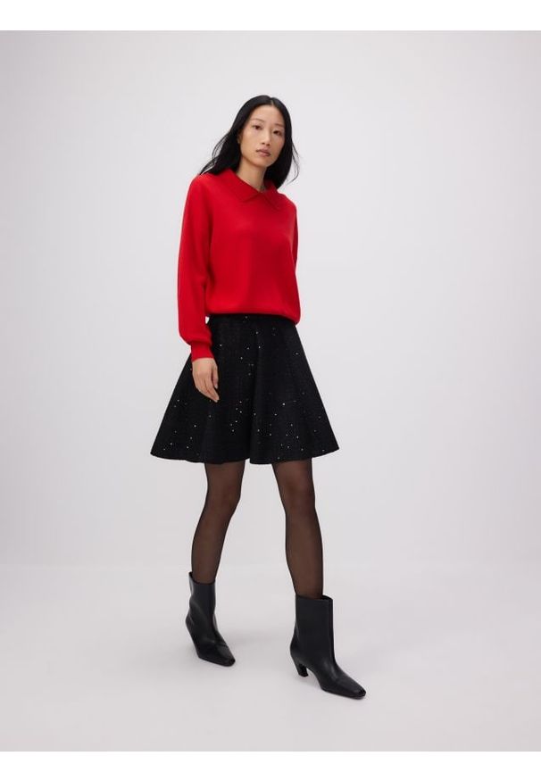 Reserved - Tweedowa spódnica mini - czarny. Kolor: czarny. Materiał: tkanina. Wzór: aplikacja