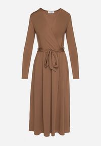 Born2be - Brązowa Sukienka Kopertowa z Wiskozą Wiązana w Talii Drestalia. Okazja: na co dzień. Typ kołnierza: dekolt w kształcie V. Kolor: brązowy. Materiał: wiskoza. Długość rękawa: długi rękaw. Typ sukienki: kopertowe. Styl: casual, klasyczny #2