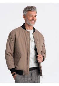 Ombre Clothing - Kurtka męska ocieplana bomberka - beżowa V9 - Rozmiar: S. Kolor: beżowy. Materiał: poliester