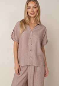 Born2be - Beżowy Letni Komplet Oversize z Bawełny i Lnu Szerokie Spodnie i Koszula Phellame. Kolor: beżowy. Materiał: len, bawełna #3