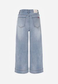 Renee - Niebieskie Szerokie Jeansy Culottes z Bawełną High Waist Ozdobione Przeszyciami Timolis. Okazja: na co dzień. Stan: podwyższony. Kolor: niebieski. Wzór: aplikacja. Styl: casual #6