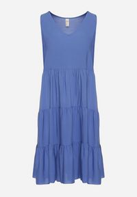 Born2be - Niebieska Rozkloszowana Sukienka z Bawełny na Ramiączkach Zasea. Okazja: na randkę, na co dzień. Typ kołnierza: dekolt w kształcie V. Kolor: niebieski. Materiał: bawełna. Długość rękawa: na ramiączkach. Styl: elegancki, casual #4
