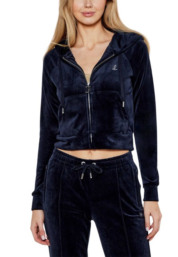 Juicy Couture - JUICY COUTURE Granatowa bluza damska welurowa Madison z cyrkoniami, Rozmiar M. Typ kołnierza: kaptur. Kolor: niebieski. Materiał: welur. Wzór: aplikacja. Styl: elegancki