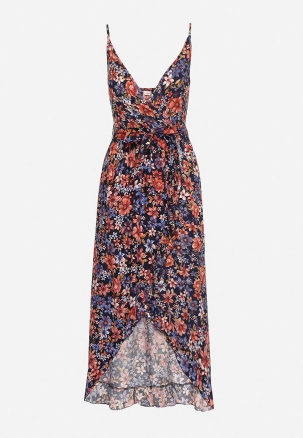 Born2be - Granatowo-Czerwona Bawełniana Sukienka Kopertowa na Cienkich Ramiączkach w Kwiatowy Wzór Rissamira. Okazja: na co dzień, na randkę, na spacer. Kolor: niebieski. Materiał: bawełna. Długość rękawa: na ramiączkach. Wzór: kwiaty. Sezon: lato. Typ sukienki: kopertowe. Styl: casual, elegancki