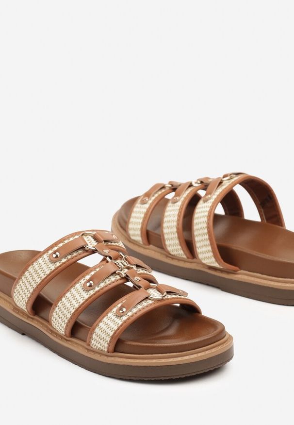 Renee - Brązowe Plecione Klapki w Stylu Gladiatorek Morillia. Okazja: na plażę, na co dzień. Kolor: brązowy. Materiał: jeans. Wzór: haft, paski. Sezon: lato. Styl: elegancki, casual, boho