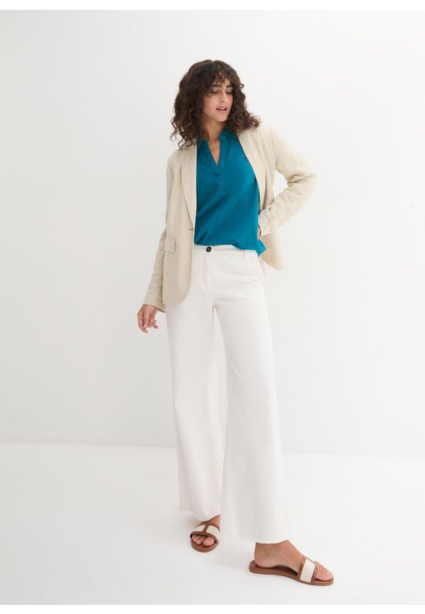 bonprix - Bluzka lniana, rękawy 3/4. Kolor: niebieski. Materiał: len