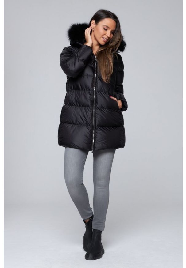 Hetrego - HETREGO Czarna damska długa kurtka puchowa Hanna z lisem, Rozmiar 42 EU - 46 IT. Kolor: czarny. Materiał: puch. Długość: długie