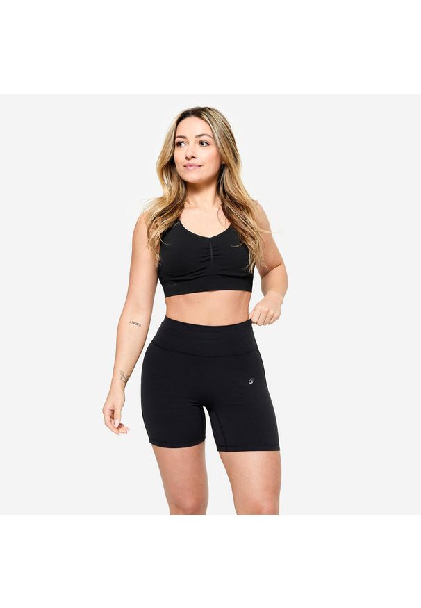 DOMYOS - Spodenki do treningu siłowego damskie Domyos microshort. Kolor: czarny. Materiał: materiał, poliamid, elastan. Sport: fitness