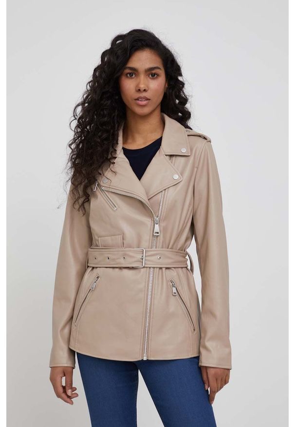 DKNY - Dkny ramoneska damska kolor beżowy przejściowa. Okazja: na co dzień. Kolor: beżowy. Styl: casual, klasyczny