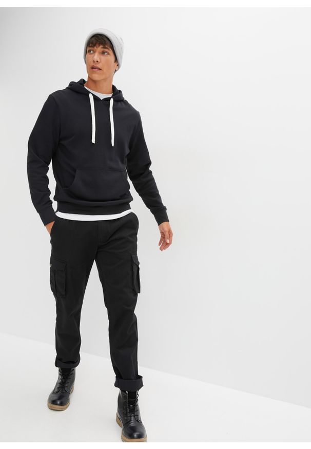 bonprix - Bluza z kapturem, z czystej bawełny. Typ kołnierza: kaptur. Kolor: czarny. Materiał: bawełna. Wzór: prążki