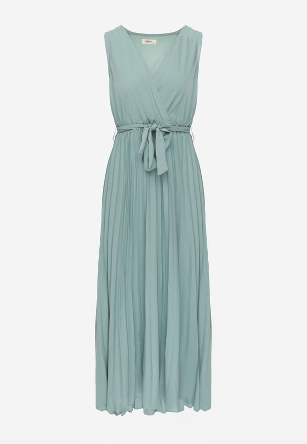Born2be - Zielona Plisowana Sukienka Maxi z Gumką w Pasie i Materiałowym Paskiem Biak. Okazja: na wesele, na ślub cywilny, na imprezę. Kolor: zielony. Materiał: materiał. Sezon: lato. Typ sukienki: kopertowe. Styl: elegancki, klasyczny. Długość: maxi