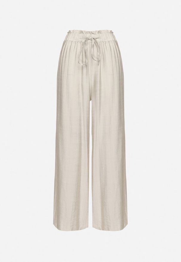 Born2be - Jasnoszare Szerokie Spodnie z Wysokim Stanem Ozdobione Wiązaniem Teliriela. Okazja: na co dzień. Stan: podwyższony. Kolor: szary. Wzór: aplikacja. Styl: klasyczny, casual