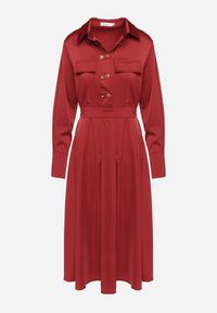 Born2be - Bordowa Rozkloszowana Sukienka o Koszulowym Kroju z Imitacją Kieszeni i Gumką w Talii Rizza. Okazja: na co dzień. Kolor: czerwony. Typ sukienki: koszulowe. Styl: wizytowy, klasyczny, casual, elegancki #3