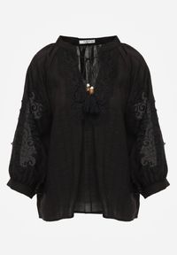 Renee - Czarna Wiązana Bluzka w Stylu Boho z Tencelu z Koralikami i Koronką Helotis. Okazja: na co dzień. Kolor: czarny. Materiał: koronka. Wzór: koronka. Styl: boho #3