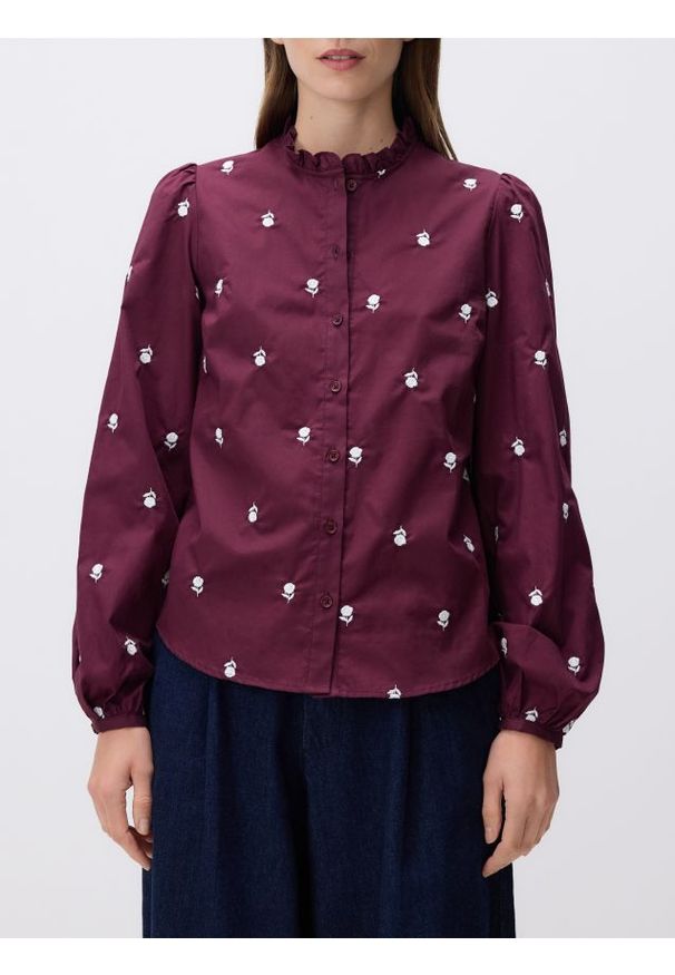 Reserved - Koszula z haftowanym wzorem - bordowy. Kolor: czerwony. Materiał: bawełna, tkanina. Wzór: haft