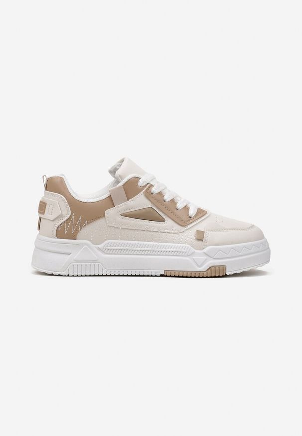 Renee - Ciemnobeżowe Sznurowane Sneakersy z Ekoskóry z Ozdobnymi Wstawkami Ravana. Kolor: beżowy