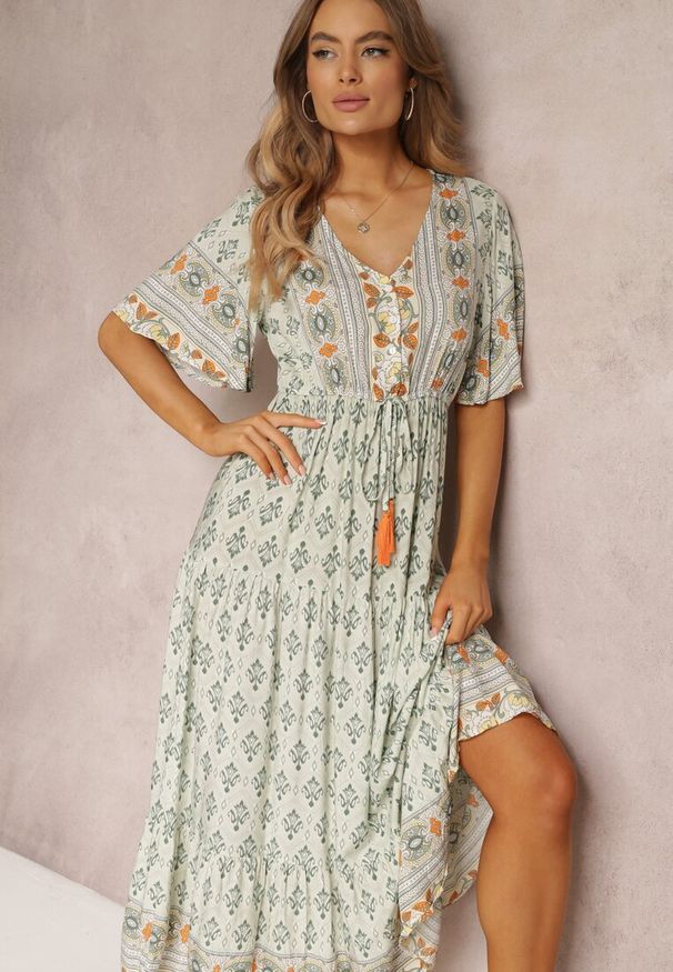 Renee - Miętowa Sukienka Maxi z Krótkim Rękawem i Gumką w Talii Emaya. Kolor: miętowy. Materiał: tkanina, wiskoza. Długość rękawa: krótki rękaw. Styl: boho. Długość: maxi