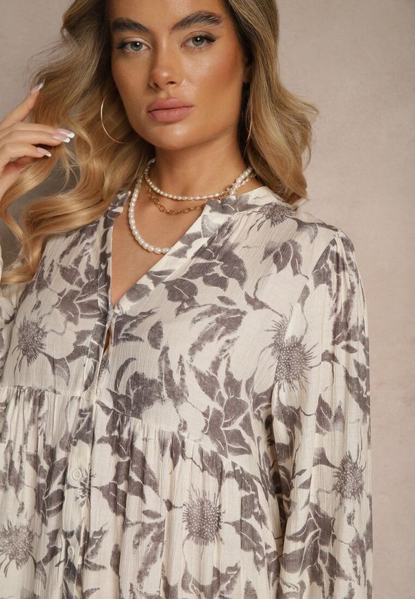 Renee - Szara Rozkloszowana Sukienka z Bawełny w Kwiatowy Wzór Efalora. Okazja: na co dzień, na randkę. Typ kołnierza: dekolt w serek. Kolor: szary. Materiał: bawełna. Wzór: kwiaty. Styl: casual, elegancki