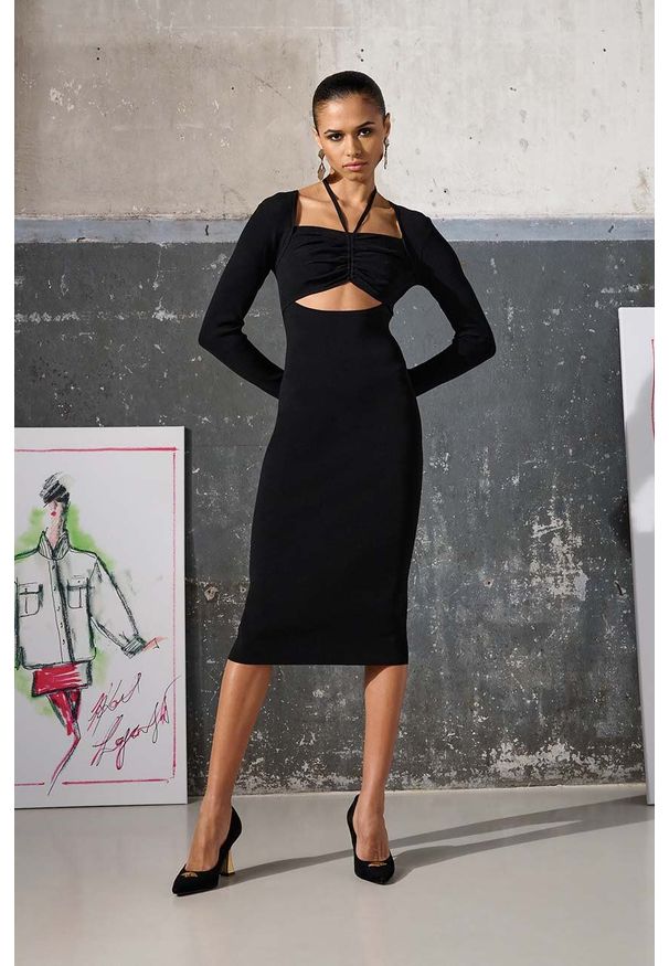 Karl Lagerfeld sukienka KL x The Ultimate icon kolor czarny midi dopasowana. Typ kołnierza: dekolt w karo. Kolor: czarny. Materiał: dzianina, materiał. Długość rękawa: długi rękaw. Typ sukienki: dopasowane. Długość: midi
