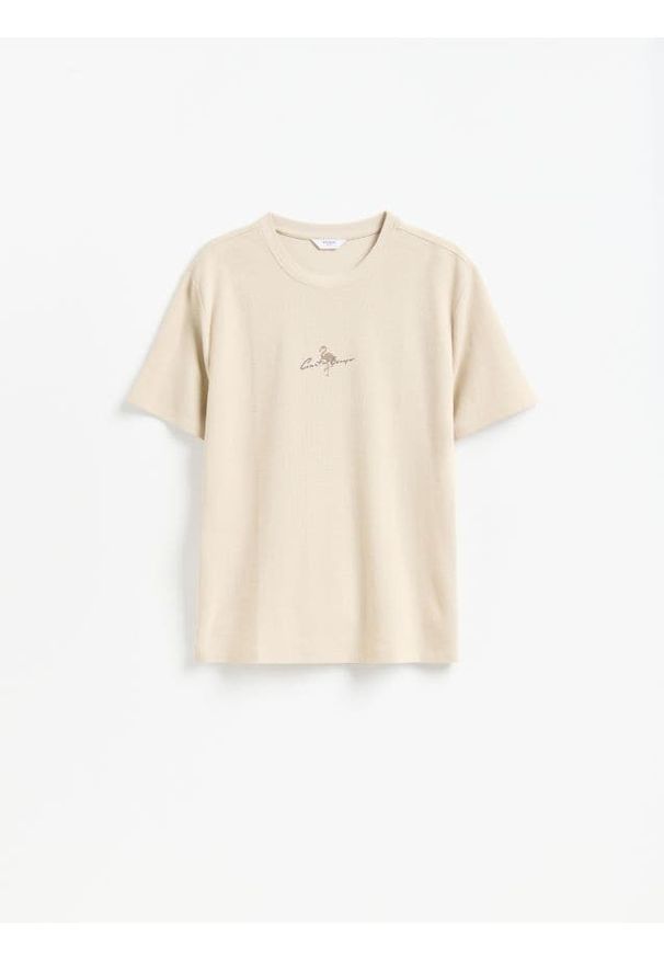 Reserved - T-shirt relaxed z nadrukiem - beżowy. Kolor: beżowy. Materiał: bawełna, dzianina. Wzór: nadruk