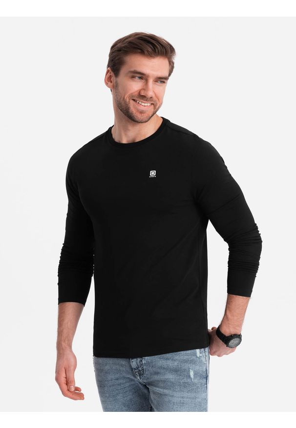 Ombre Clothing - Longsleeve męski z elastanem sygnowany z okrągłym dekoltem - czarny V3 - Rozmiar: S. Kolor: czarny. Materiał: elastan. Długość rękawa: długi rękaw. Wzór: gładki, jednolity. Styl: klasyczny