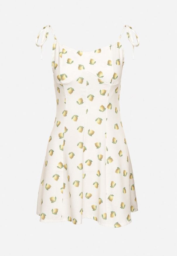 Born2be - Biała Sukienka na Wiązanych Ramiączkach w Cytryny Efrunea. Kolor: biały. Długość rękawa: na ramiączkach. Sezon: lato. Typ sukienki: rozkloszowane