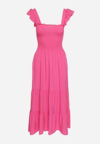 Born2be - Fuksjowa Rozkloszowana Bawełniana Sukienka na Ramiączkach z Gumkami i Falbanką Mevesta. Okazja: na spacer. Typ kołnierza: kołnierz z falbankami, dekolt kwadratowy. Kolor: różowy. Materiał: bawełna. Długość rękawa: na ramiączkach #4