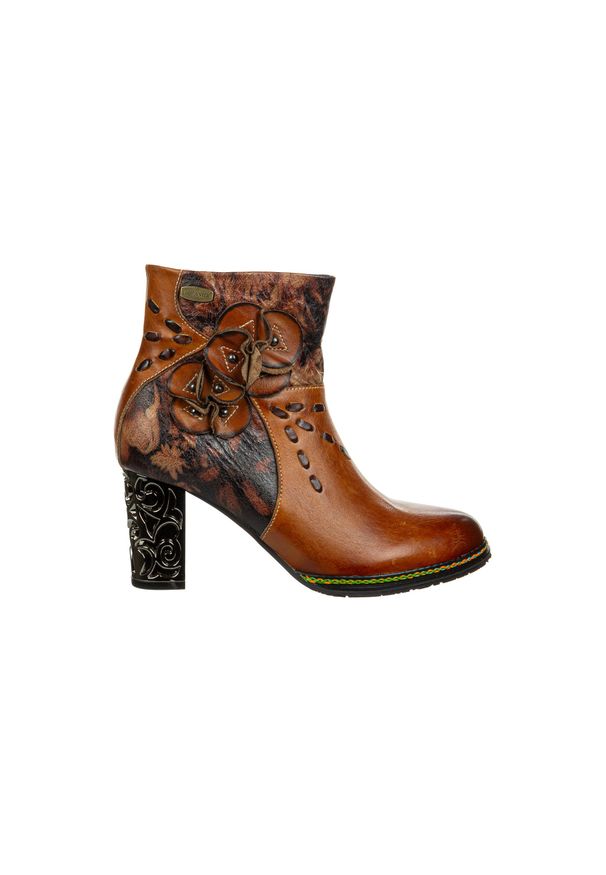 Botki Laura Vita Ledao 43 Camel 202105, Brązowy, Skóra naturalna - 37. Wysokość cholewki: za kostkę. Kolor: brązowy. Materiał: skóra. Szerokość cholewki: normalna. Wzór: kwiaty, gładki. Styl: elegancki