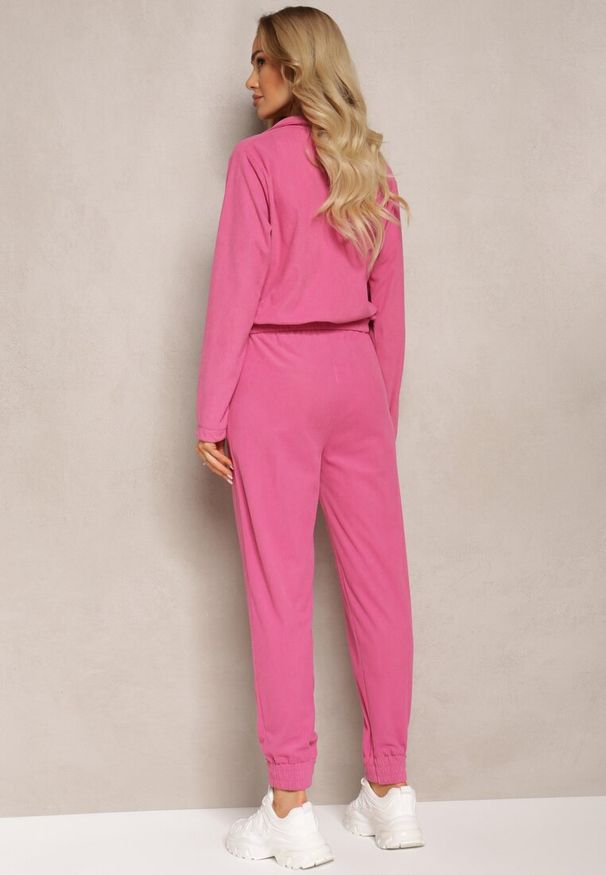 Renee - Fuksjowy Komplet Dresowy w Prążki Bluza Kurtka Rozpinana z Kołnierzykiem i Spodnie Lisulla. Kolor: różowy. Materiał: dresówka. Wzór: prążki. Sport: turystyka piesza