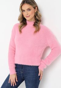 Born2be - Różowy Sweter z Półgolfem i Dłuższym Włosiem Evassem. Kolor: różowy. Materiał: dzianina. Długość rękawa: długi rękaw. Długość: długie