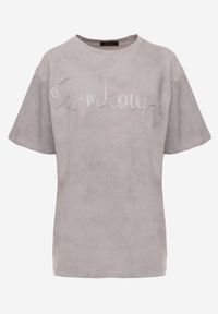 Born2be - Szary Bawełniany T-shirt Oversize z Haftowanym Napisem z Cekinami Aewai. Okazja: na co dzień. Kolor: szary. Materiał: bawełna. Wzór: napisy, haft. Styl: elegancki, casual #8