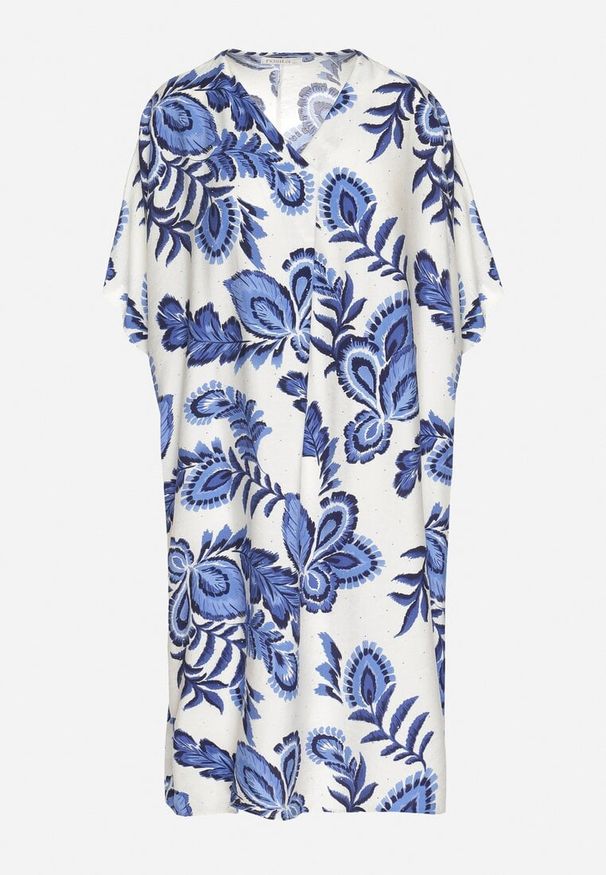 Born2be - Niebieska Sukienka z Lnem i Wiskozą Ozdobiona Cyrkoniami Sadelune. Okazja: na co dzień. Typ kołnierza: dekolt w serek. Kolor: niebieski. Materiał: wiskoza, len. Wzór: aplikacja. Styl: elegancki, casual, klasyczny