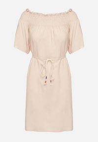 Born2be - Beżowa Sukienka z Wiskozą Bawełną Hiszpańskim Dekoltem i Sznurkiem Lilarenne. Okazja: na co dzień. Kolor: beżowy. Materiał: wiskoza, bawełna. Sezon: lato. Styl: casual, elegancki #6