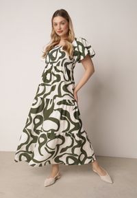 Born2be - Ciemnozielona Wiskozowa Sukienka z Bufiastymi Rękawami w Abstrakcyjny Wzór Tibee. Okazja: na co dzień. Kolor: zielony. Materiał: wiskoza. Wzór: nadruk. Typ sukienki: proste. Styl: elegancki, wakacyjny, casual #6