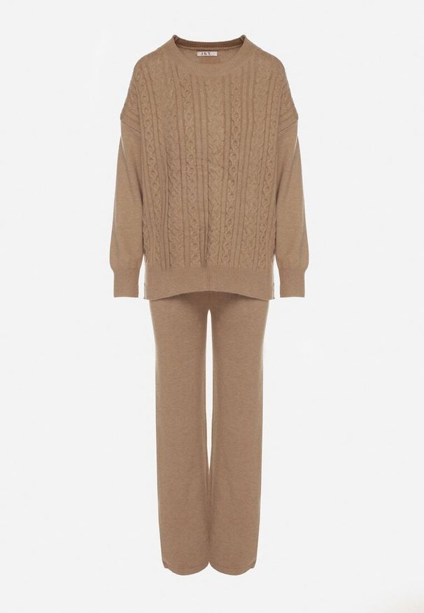 Born2be - Ciemnobeżowy Komplet Dzianinowy z Bawełną i Wełną Spodnie i Warkoczowy Sweter Errela. Kolor: beżowy. Materiał: dzianina, wełna, bawełna