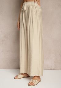 Renee - Beżowe Szerokie Spodnie High Waist z Wiskozy z Gumką w Talii Lannalie. Okazja: na co dzień. Stan: podwyższony. Kolor: beżowy. Materiał: wiskoza. Styl: elegancki, casual #3